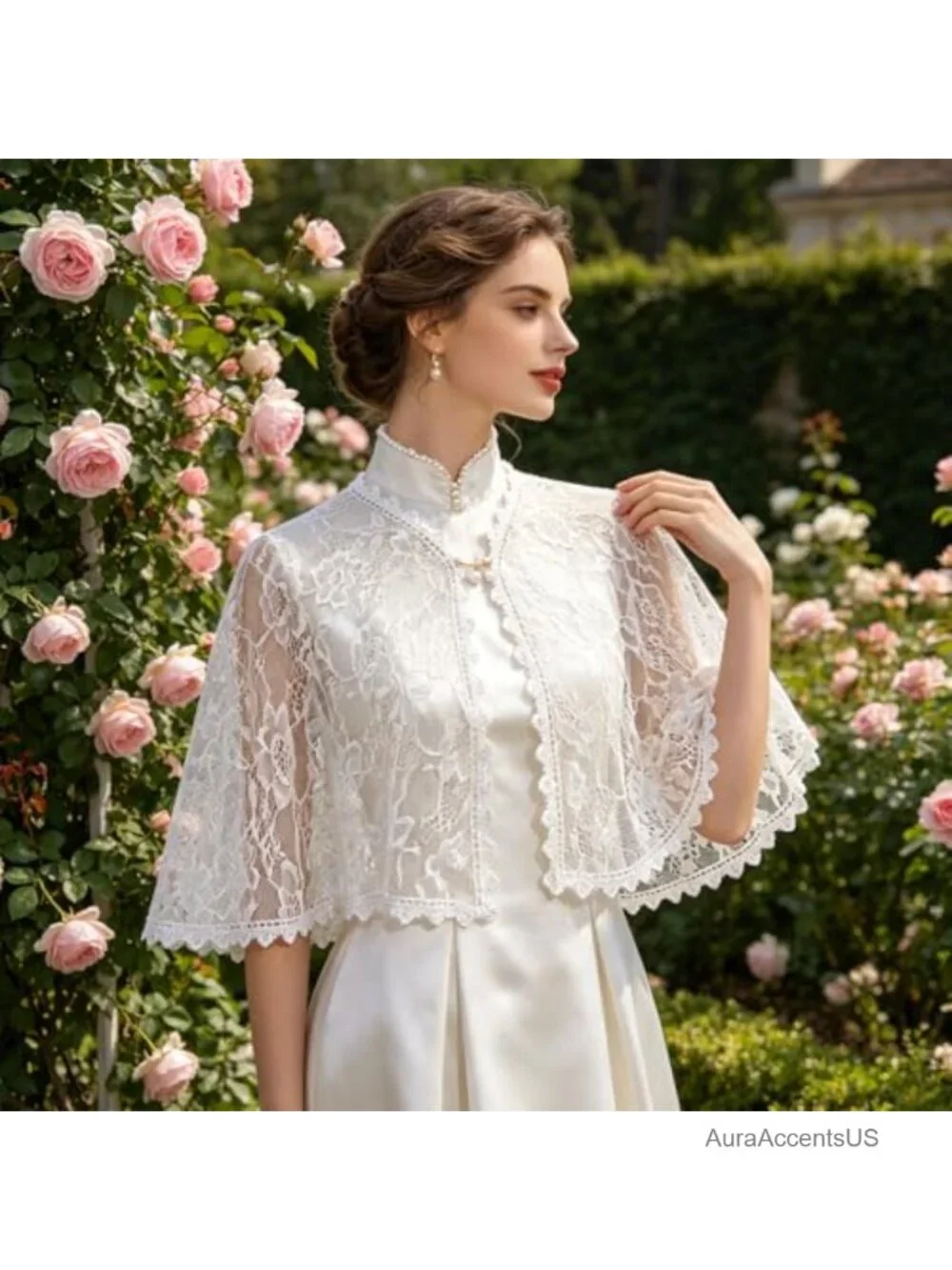 Lace Wedding Shawl Wrap with Pearl Button Elegant Bridal Cape for Evening Dress